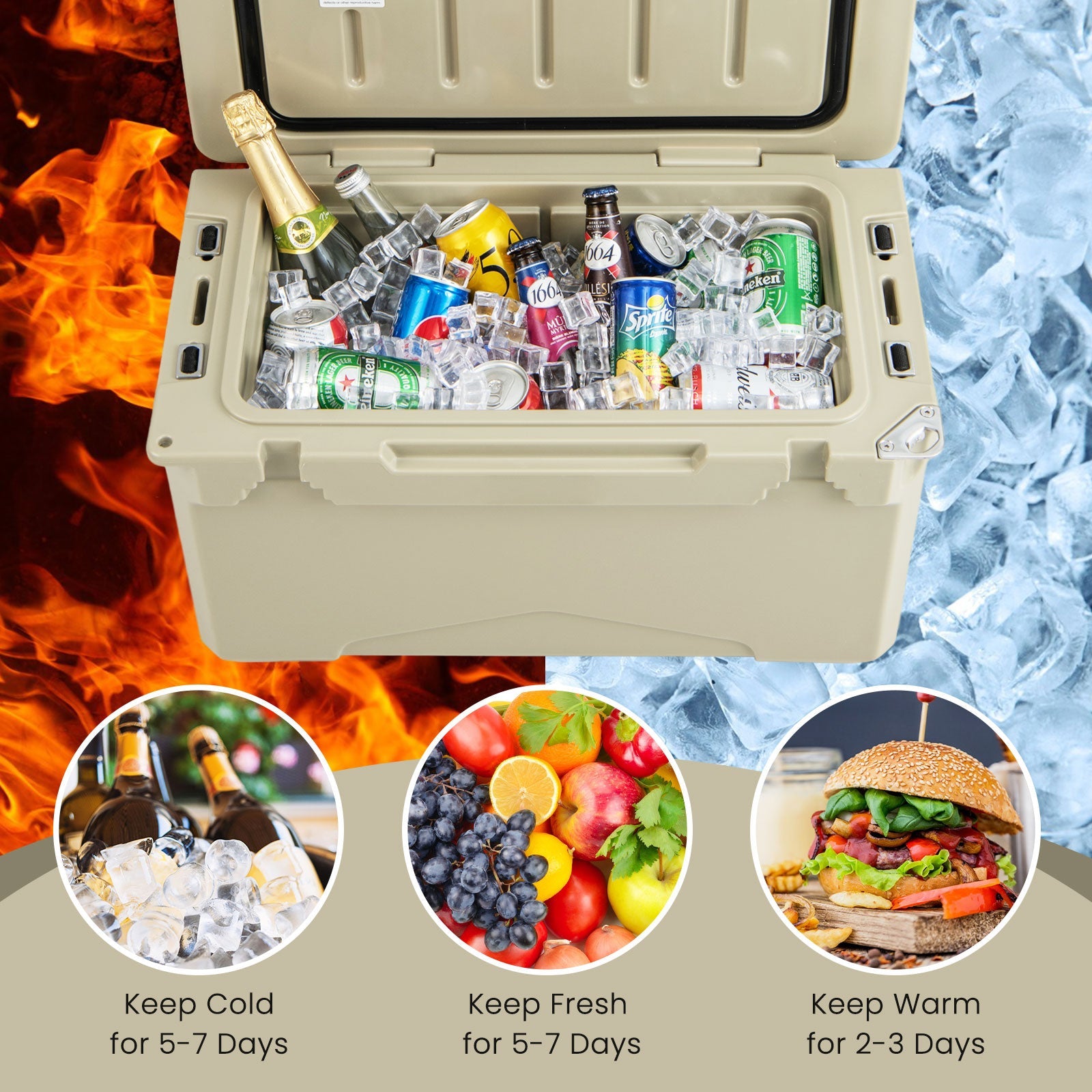 Rotomolded tan cooler with cup holders and bottle opener for outdoor gatherings on Tampa Home & Garden Store