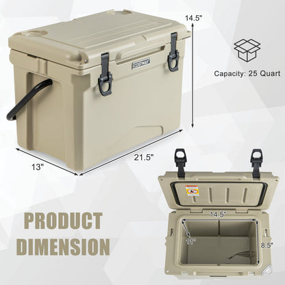 GemGear 25 QT tan hard cooler with aluminum handle and integrated cup holders on Tampa Home & Garden Store