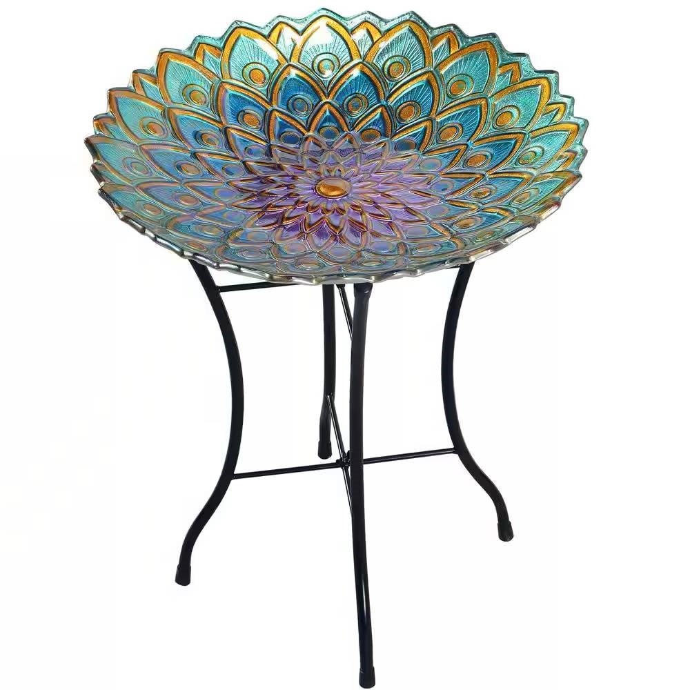 Round 18-inch Peacock Style Glass Mosaic Flower Birdbath with Metal Stand - Tampa Home & Garden Store