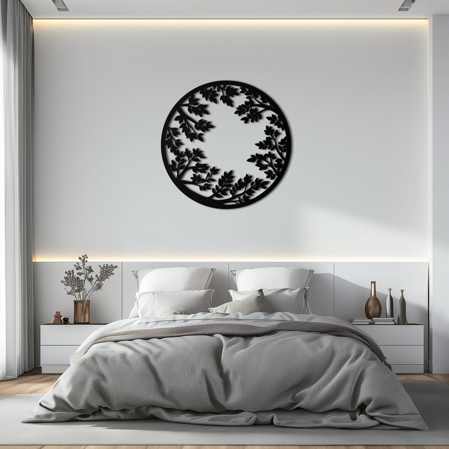 Round Leafy Branches Metal Wall Art – Nature Inspired Circular Black Steel Decor for Modern Interior and Garden- KAF411 - Tampa Home & Garden Store