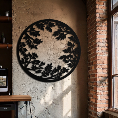 Round Leafy Branches Metal Wall Art – Nature Inspired Circular Black Steel Decor for Modern Interior and Garden- KAF411 - Tampa Home & Garden Store