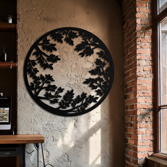 Round Leafy Branches Metal Wall Art – Nature Inspired Circular Black Steel Decor for Modern Interior and Garden- KAF411 - Tampa Home & Garden Store