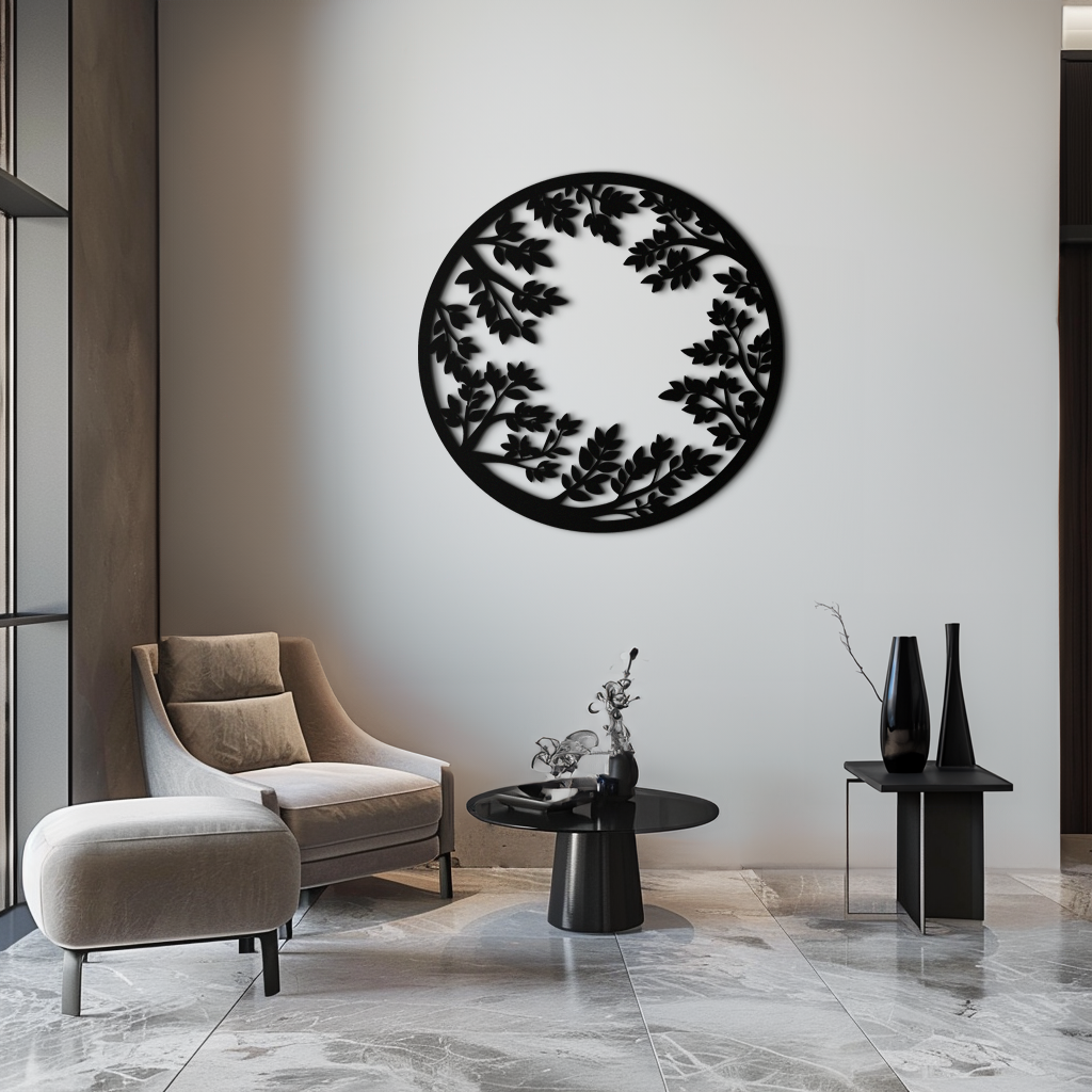 Round Leafy Branches Metal Wall Art – Nature Inspired Circular Black Steel Decor for Modern Interior and Garden- KAF411 - Tampa Home & Garden Store
