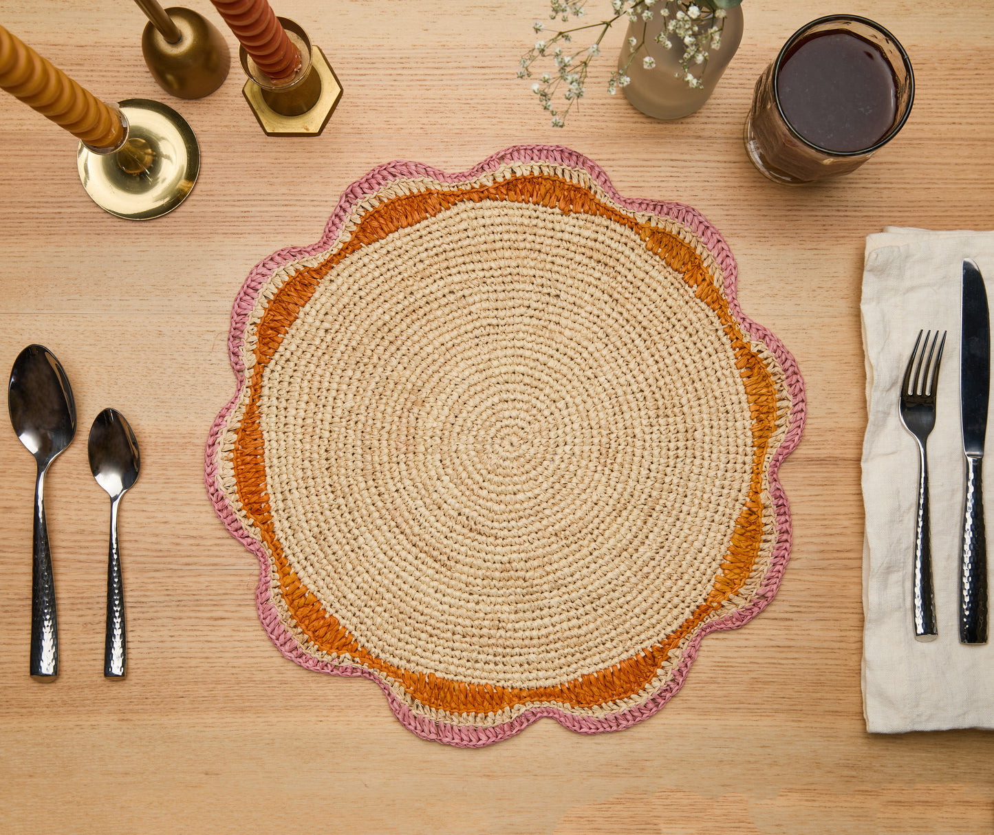 Round Pink Raffia Placemat – 14” Handwoven Crochet – Garden Party & Summer Table Decor - Tampa Home & Garden Store