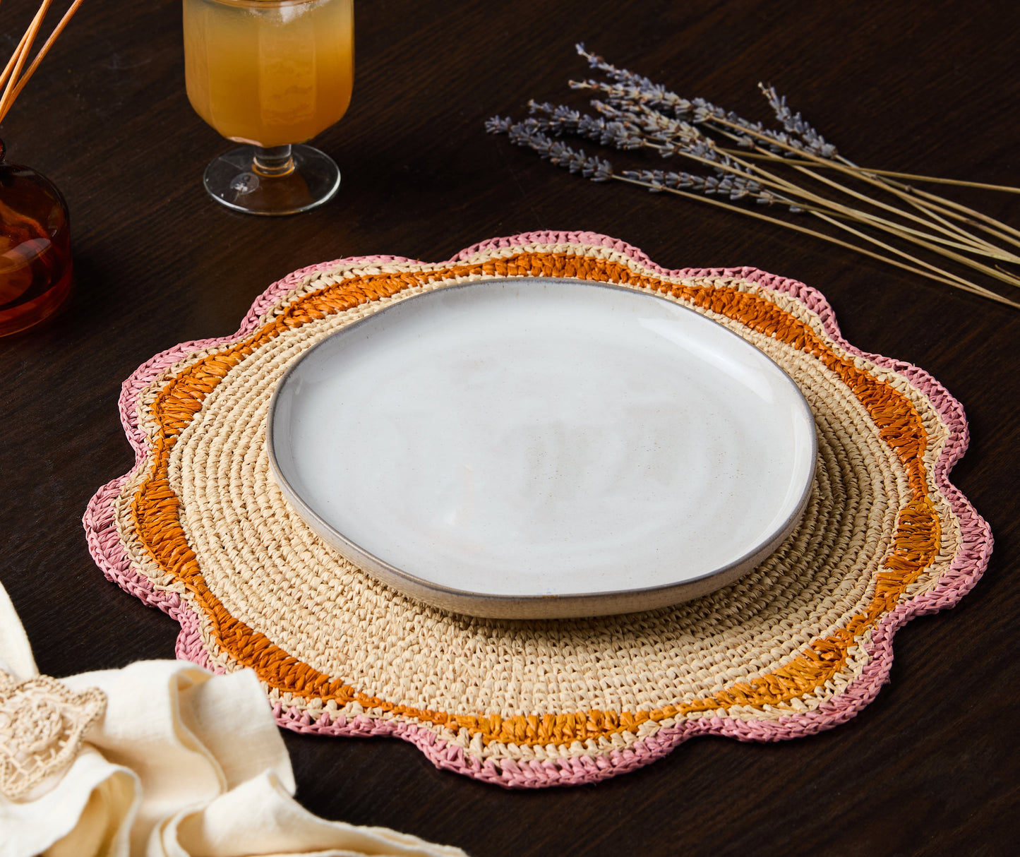 Round Pink Raffia Placemat – 14” Handwoven Crochet – Garden Party & Summer Table Decor - Tampa Home & Garden Store