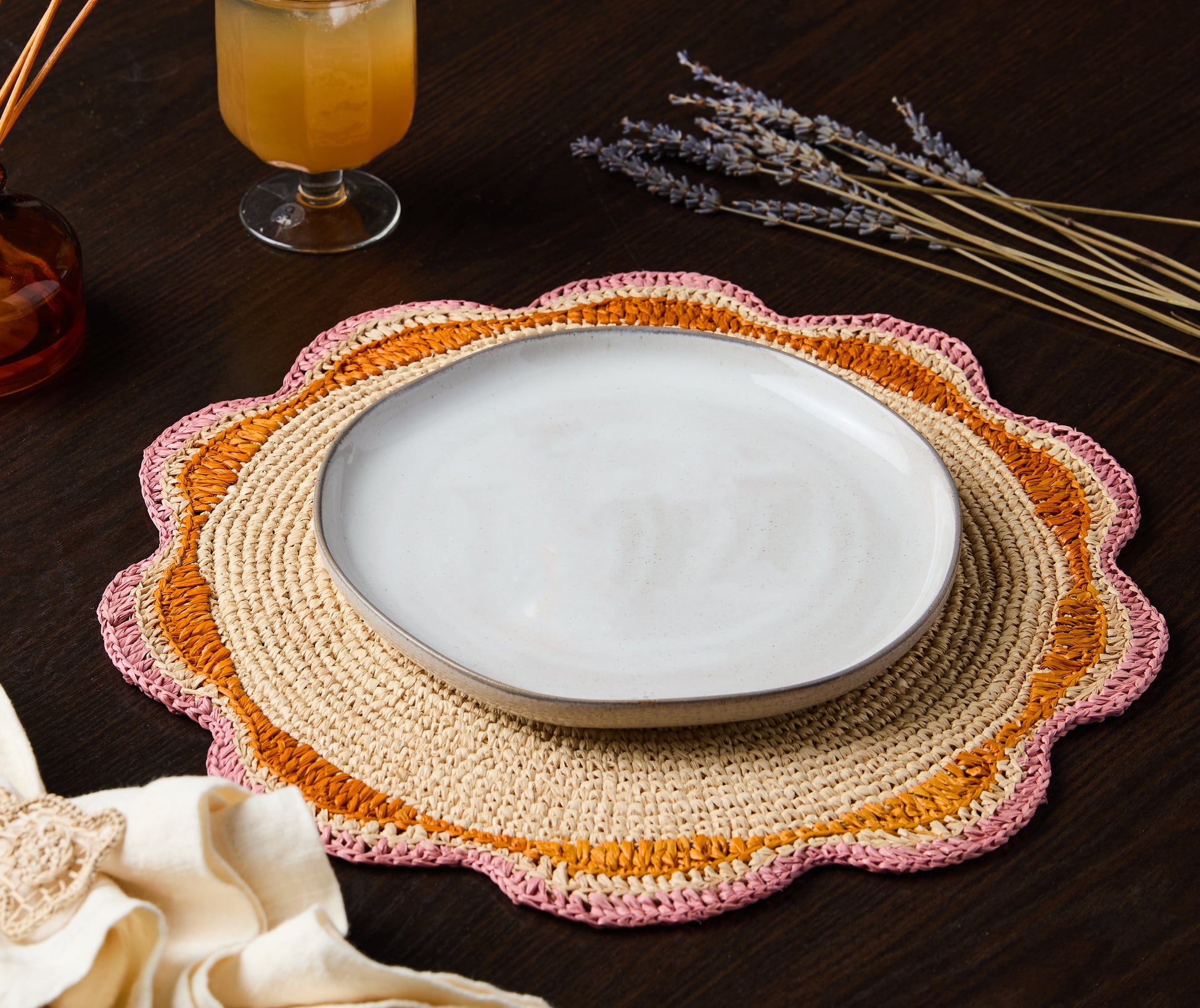 Round Pink Raffia Placemat – 14” Handwoven Crochet – Garden Party & Summer Table Decor - Tampa Home & Garden Store