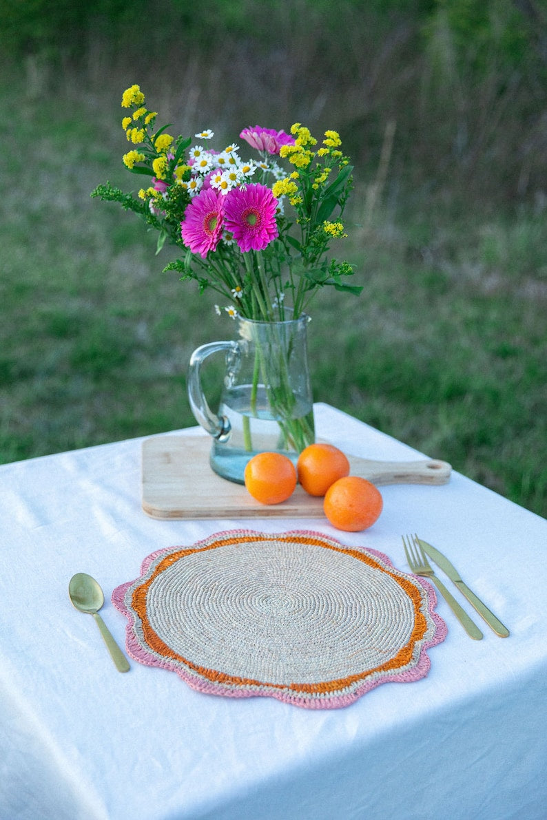 Round Pink Raffia Placemat – 14” Handwoven Crochet – Garden Party & Summer Table Decor - Tampa Home & Garden Store