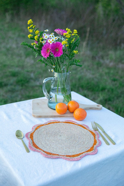 Round Pink Raffia Placemat – 14” Handwoven Crochet – Garden Party & Summer Table Decor - Tampa Home & Garden Store