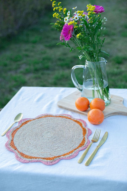 Round Pink Raffia Placemat – 14” Handwoven Crochet – Garden Party & Summer Table Decor - Tampa Home & Garden Store
