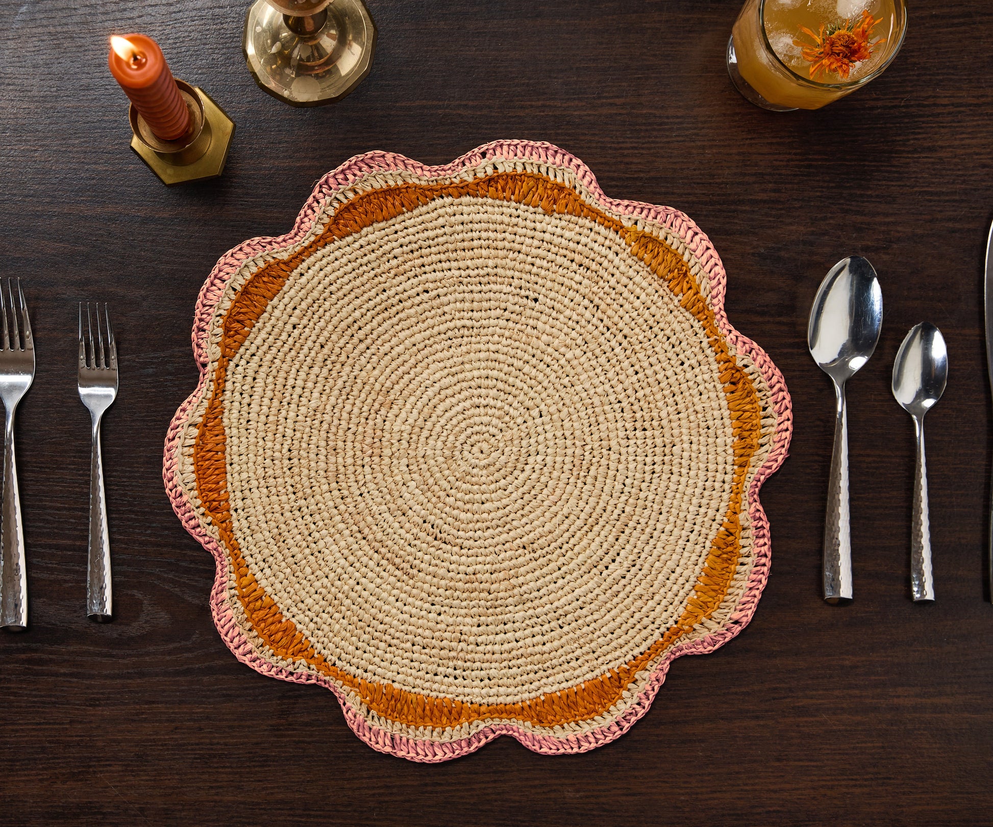 Round Pink Raffia Placemat – 14” Handwoven Crochet – Garden Party & Summer Table Decor - Tampa Home & Garden Store