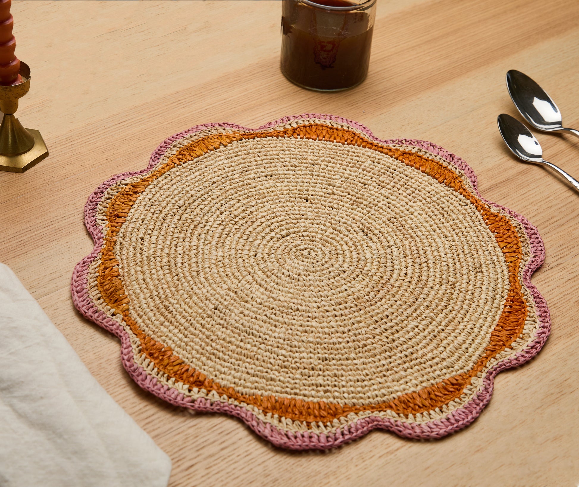 Round Pink Raffia Placemat – 14” Handwoven Crochet – Garden Party & Summer Table Decor - Tampa Home & Garden Store