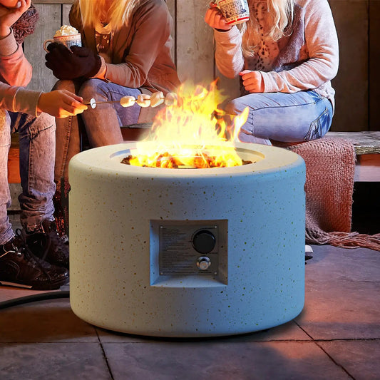 Round Terrazzo Propane Gas Fire Pit with Hideaway Tank Holder and Lava Rocks - Tampa Home & Garden Store