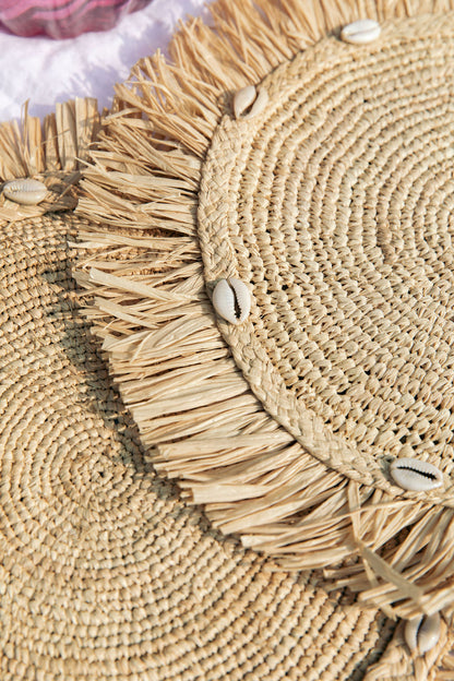 Round natural raffia tabletop with fringes, Woven raffia Placemat - Tampa Home & Garden Store