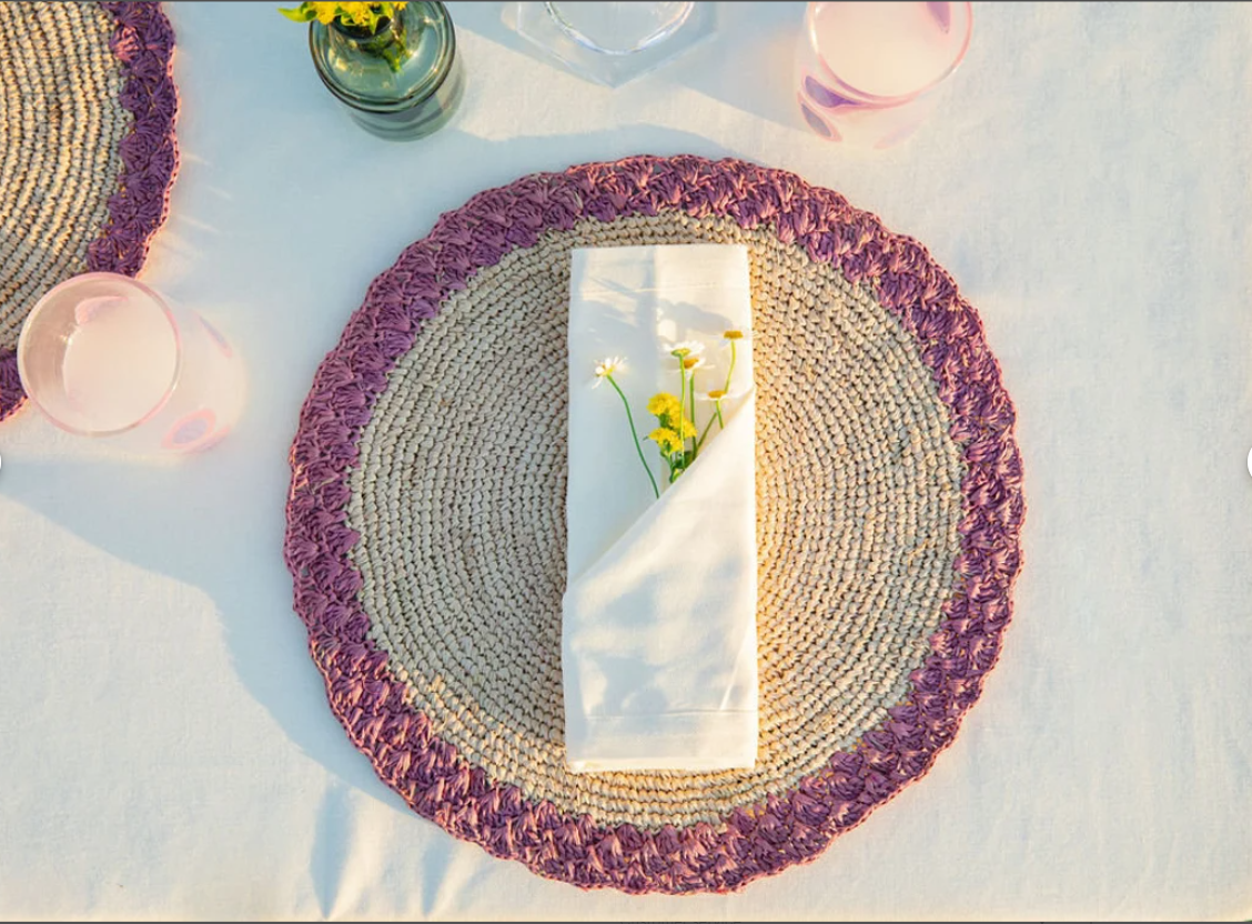 Round placemat with lavender edges, Colorful round placemat, natural fiber round placemat dining table decor , Handmade Placemat - Tampa Home & Garden Store