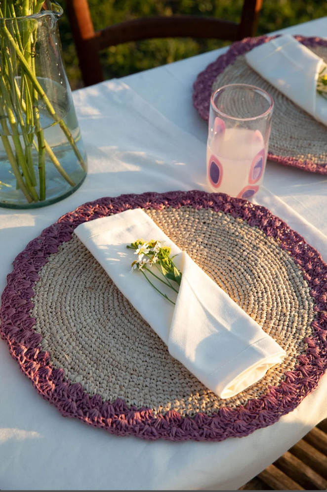 Round placemat with lavender edges, Colorful round placemat, natural fiber round placemat dining table decor , Handmade Placemat - Tampa Home & Garden Store