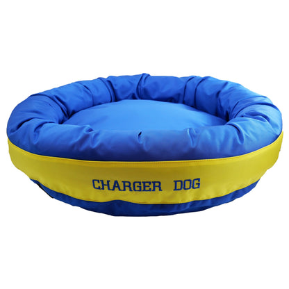 Charger Dog round blue pet bed with yellow border and padded sides on Tampa Home & Garden Store