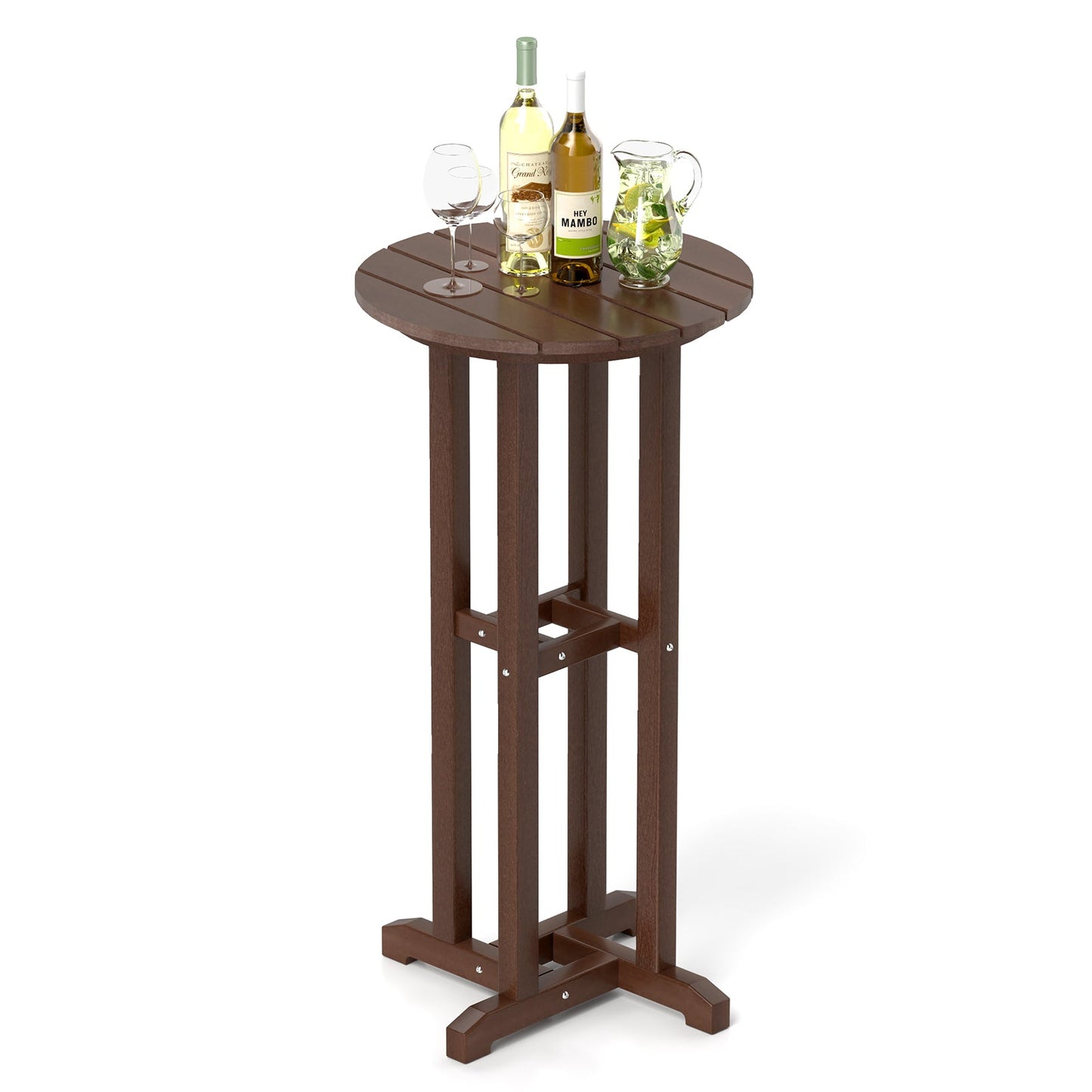 Mesa de bar redonda de 21.5 pulgadas para patio, mesa de comedor de altura de bar de HDPE con tablero de listones - Marrón