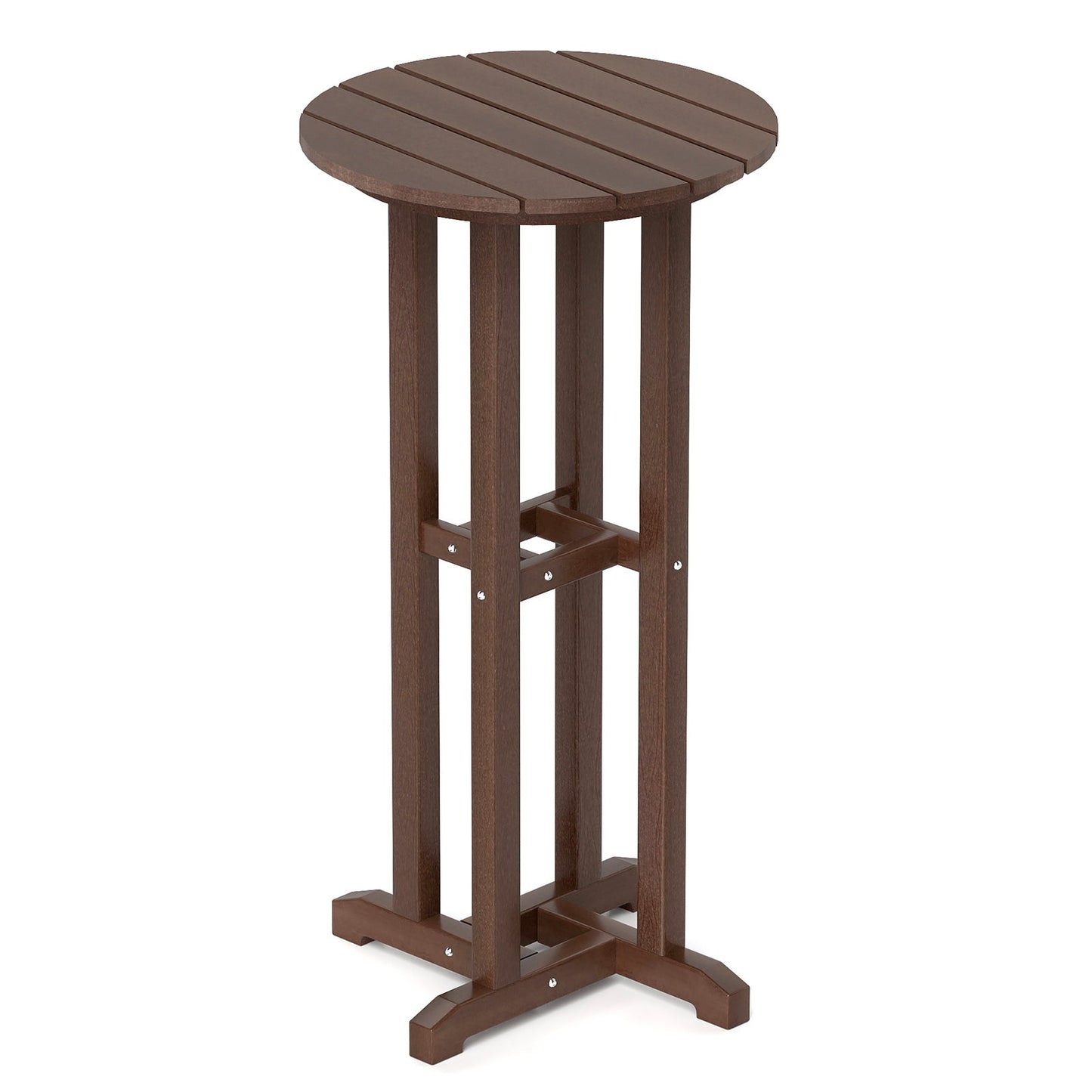 Mesa de bar redonda de 21.5 pulgadas para patio, mesa de comedor de altura de bar de HDPE con tablero de listones - Marrón