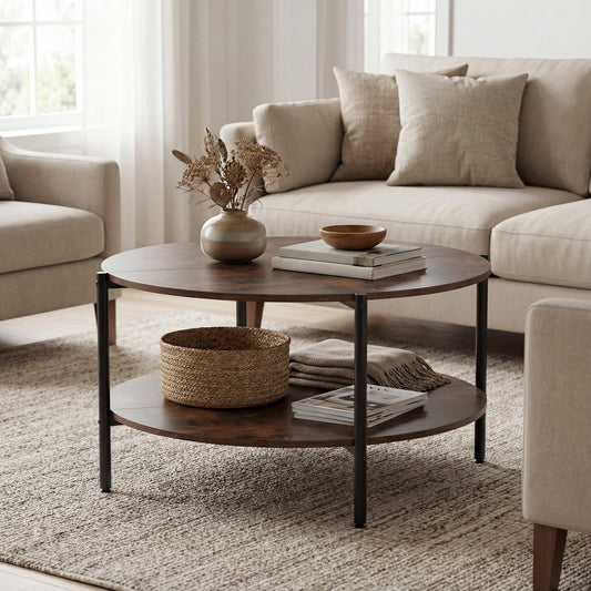 Round Coffee Table 2-Tier Industrial Accent Table with Open Storage Shelf-Rustic Brown - Tampa Home & Garden Store