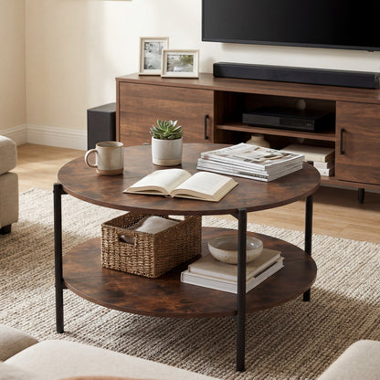 Round Coffee Table 2-Tier Industrial Accent Table with Open Storage Shelf-Rustic Brown
