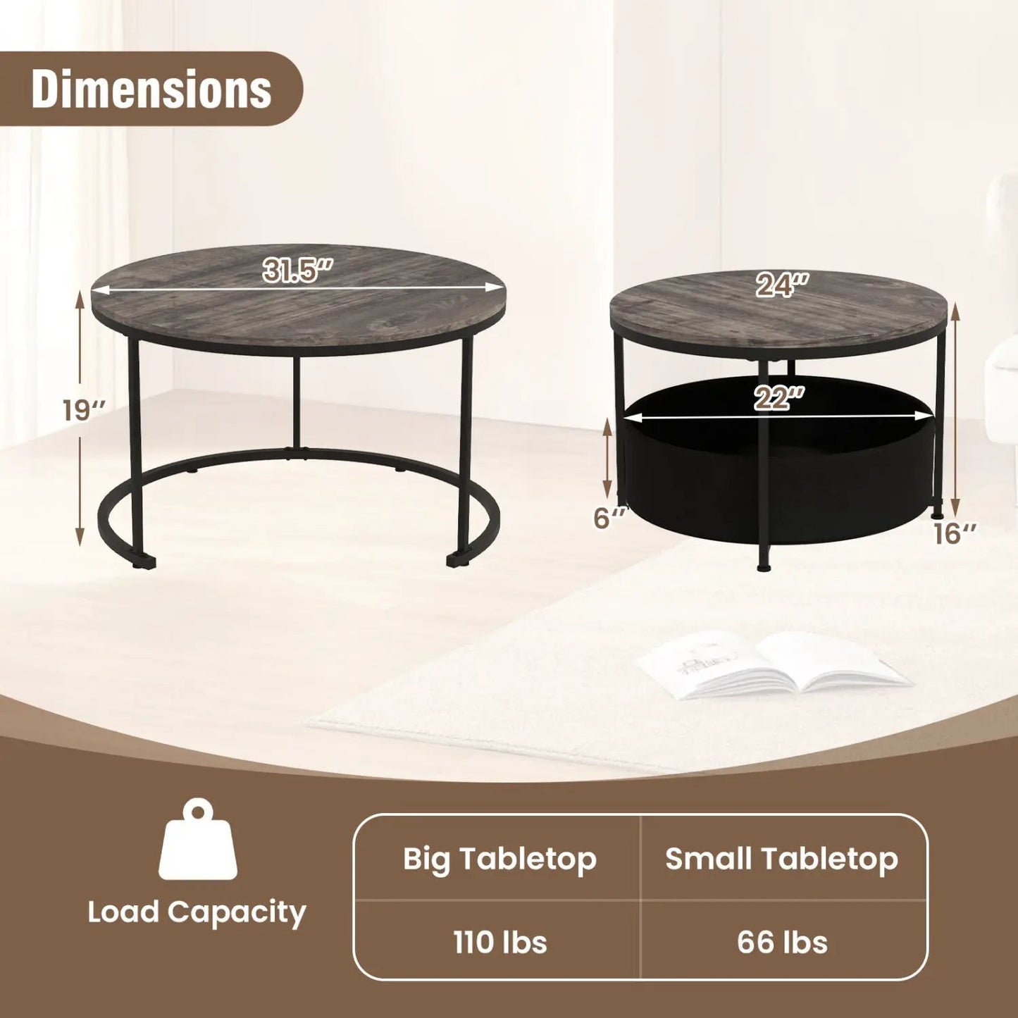 Round Coffee Table Set of 2 for Living Room