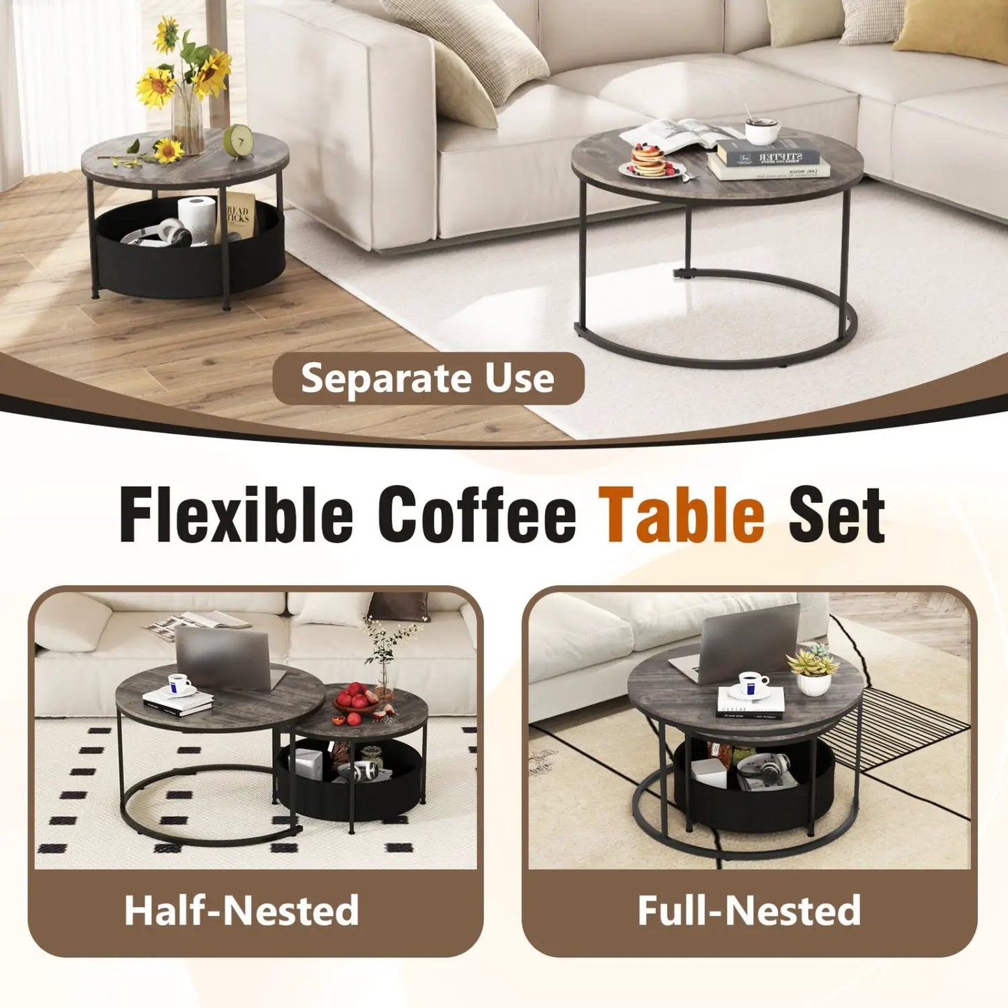 Round Coffee Table Set of 2 for Living Room