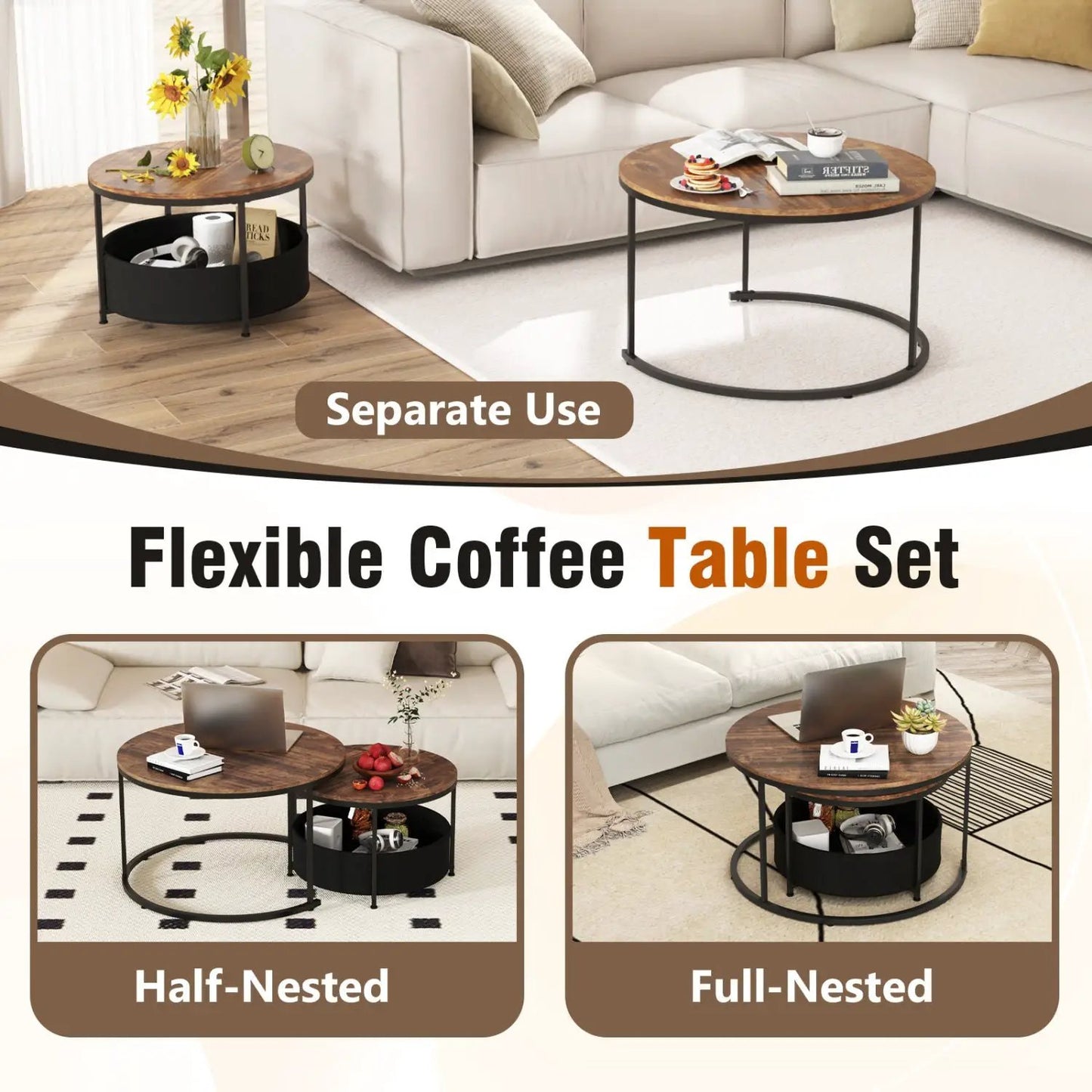 Round Coffee Table Set of 2 for Living Room