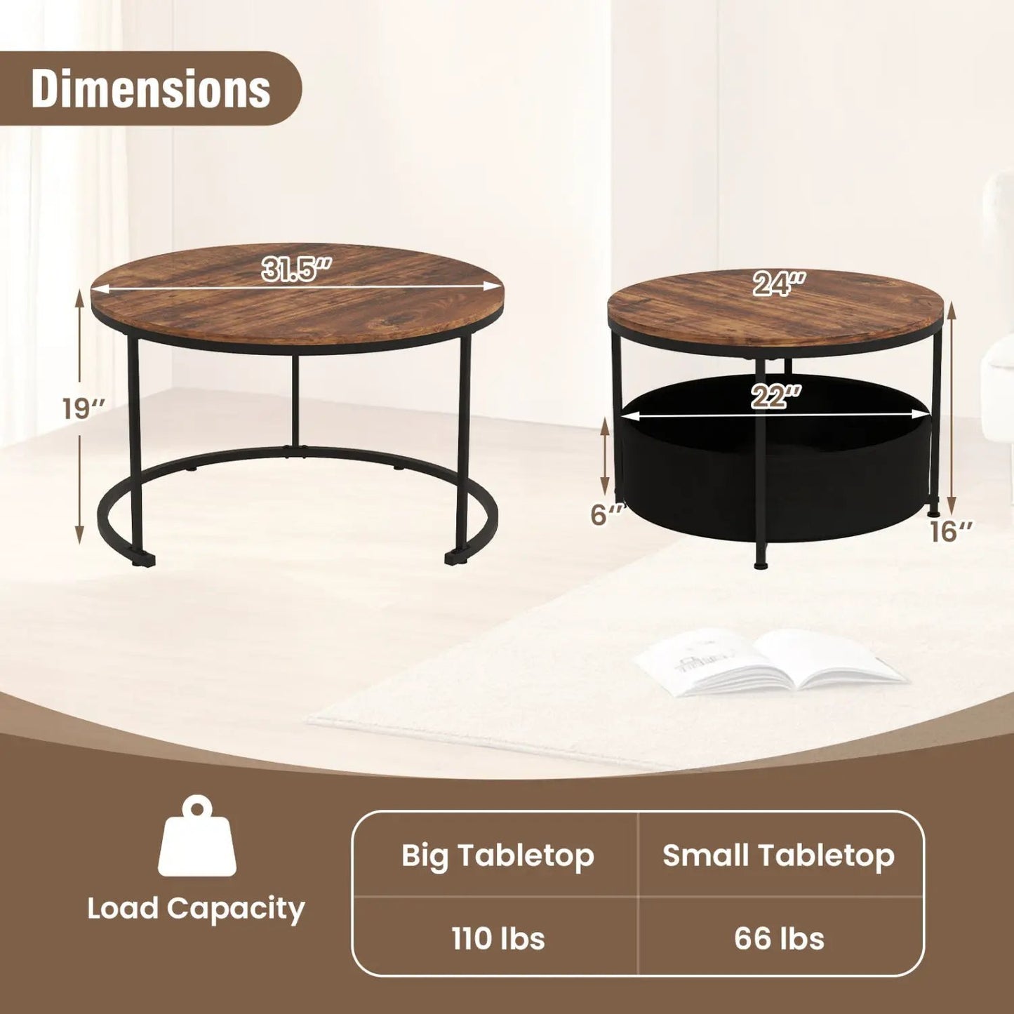 Round Coffee Table Set of 2 for Living Room
