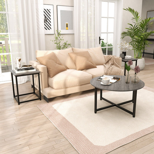 3-Piece Coffee Table Set Round Coffee Table and 2PCS Square End Tables-Gray - Tampa Home & Garden Store