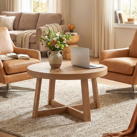 Round Coffee Table for Living Room 30 inch Farmhouse Accent Table with Study Rubber Wood Legs-Yellow - Tampa Home & Garden Store