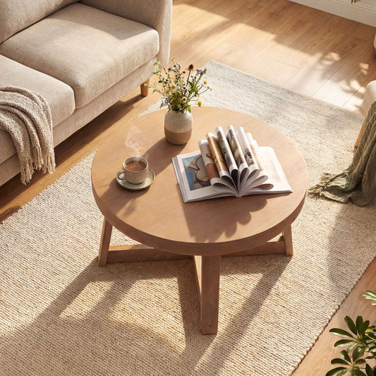 Round Coffee Table for Living Room 30 inch Farmhouse Accent Table with Study Rubber Wood Legs-Yellow - Tampa Home & Garden Store