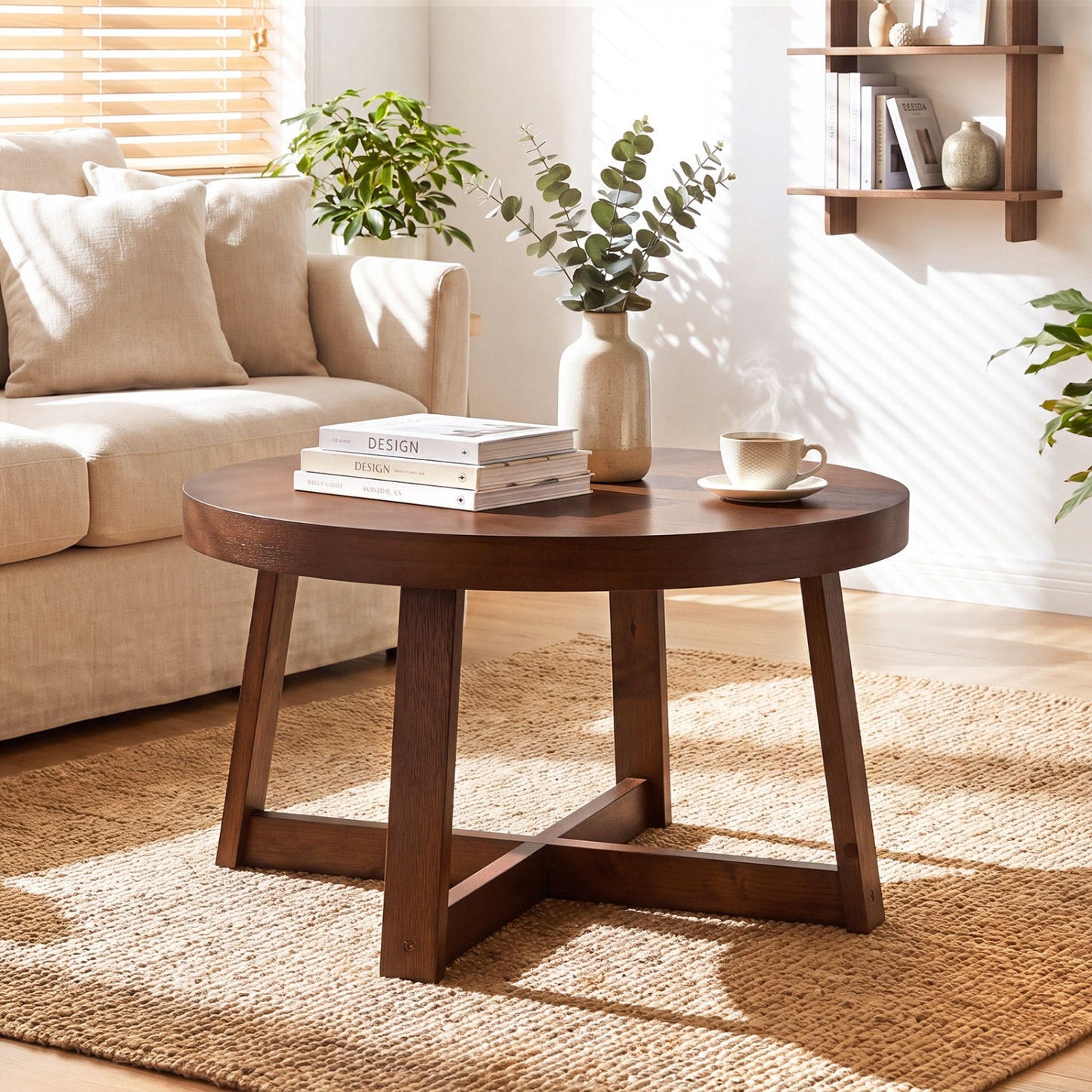 Round coffee table 30 inch with solid wood legs in dark walnut finish in a sunlit living room on Tampa Home & Garden Store