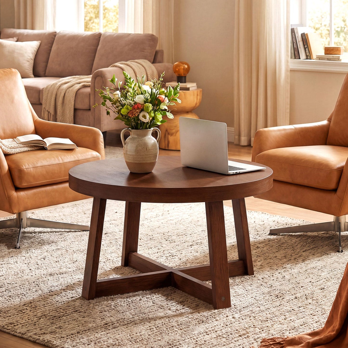 Round coffee table 30 inch with solid wood legs in dark finish, with vase and laptop on Tampa Home & Garden Store