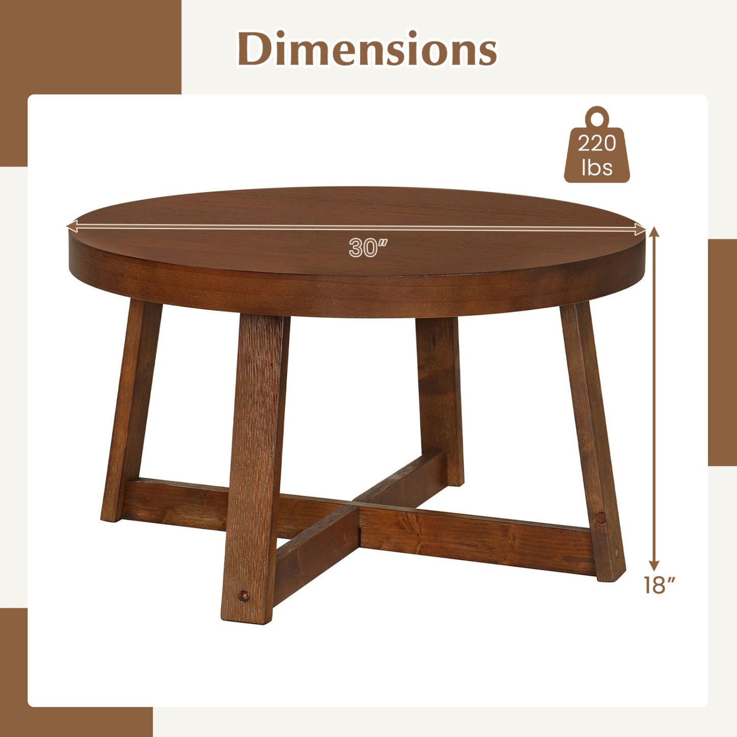 Round coffee table 30-inch diameter with solid wood legs, warm brown finish on Tampa Home & Garden Store