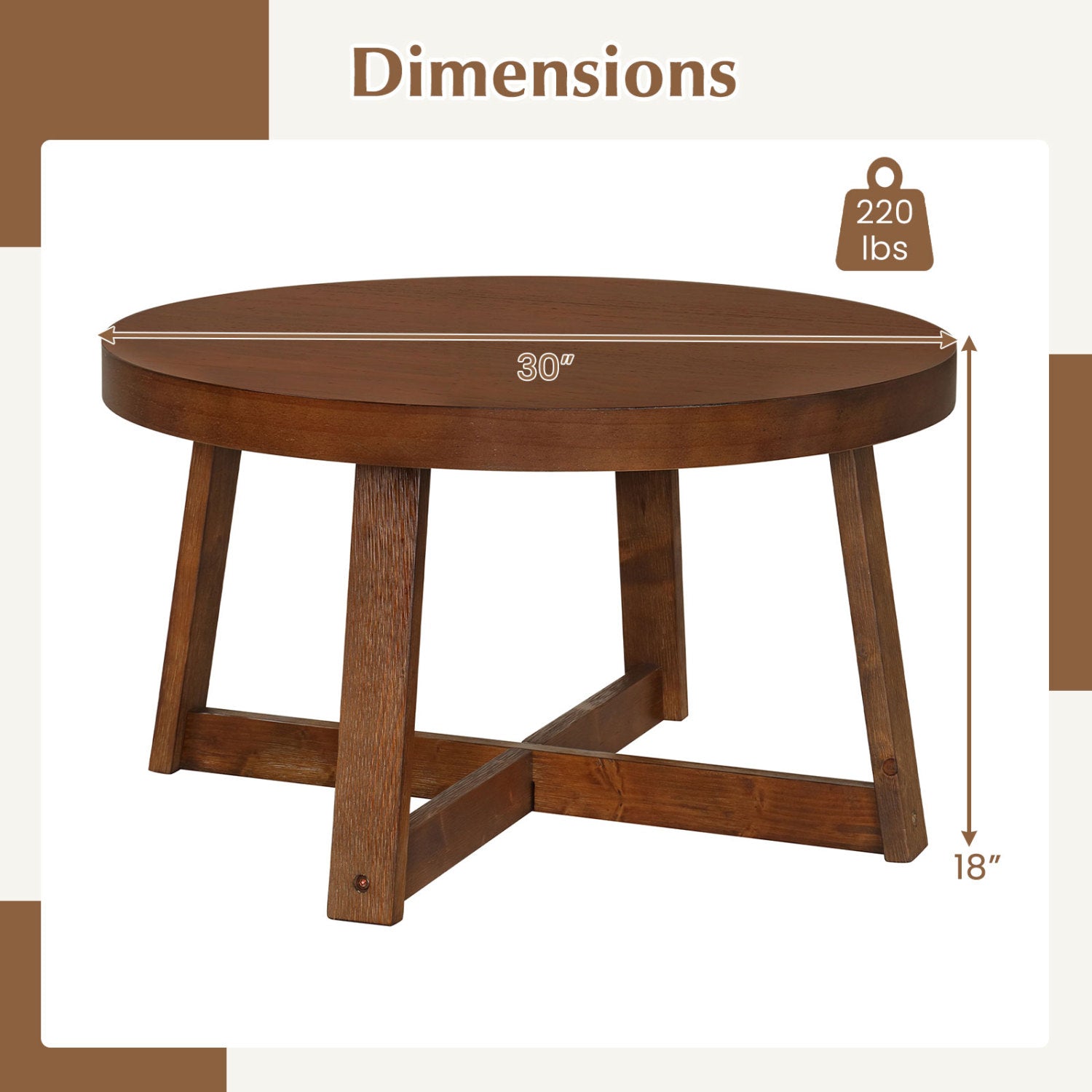 Round coffee table 30-inch diameter with solid wood legs, warm brown finish on Tampa Home & Garden Store