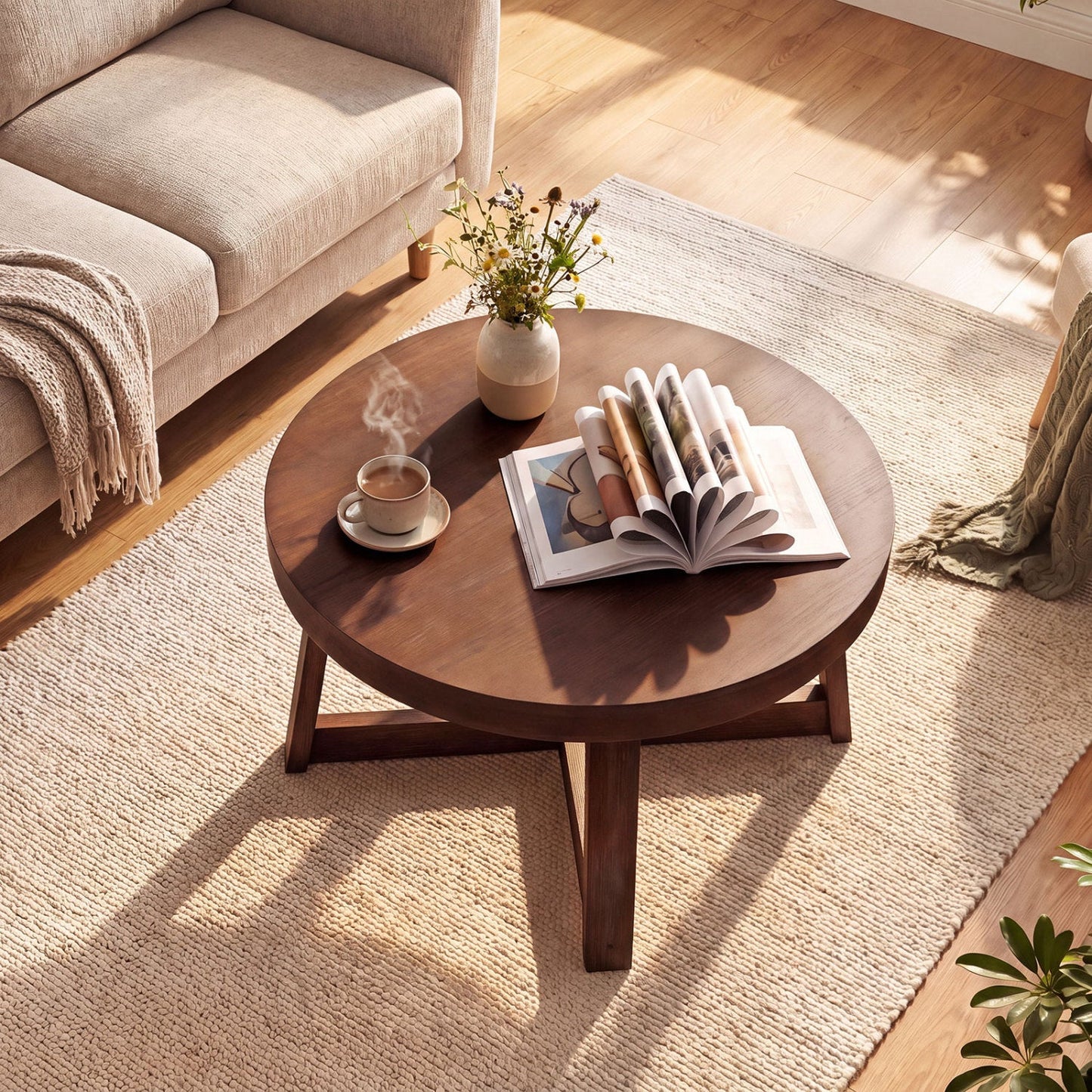 Round coffee table 30 inch with solid wood legs, DirectDeals, warm brown on Tampa Home & Garden Store