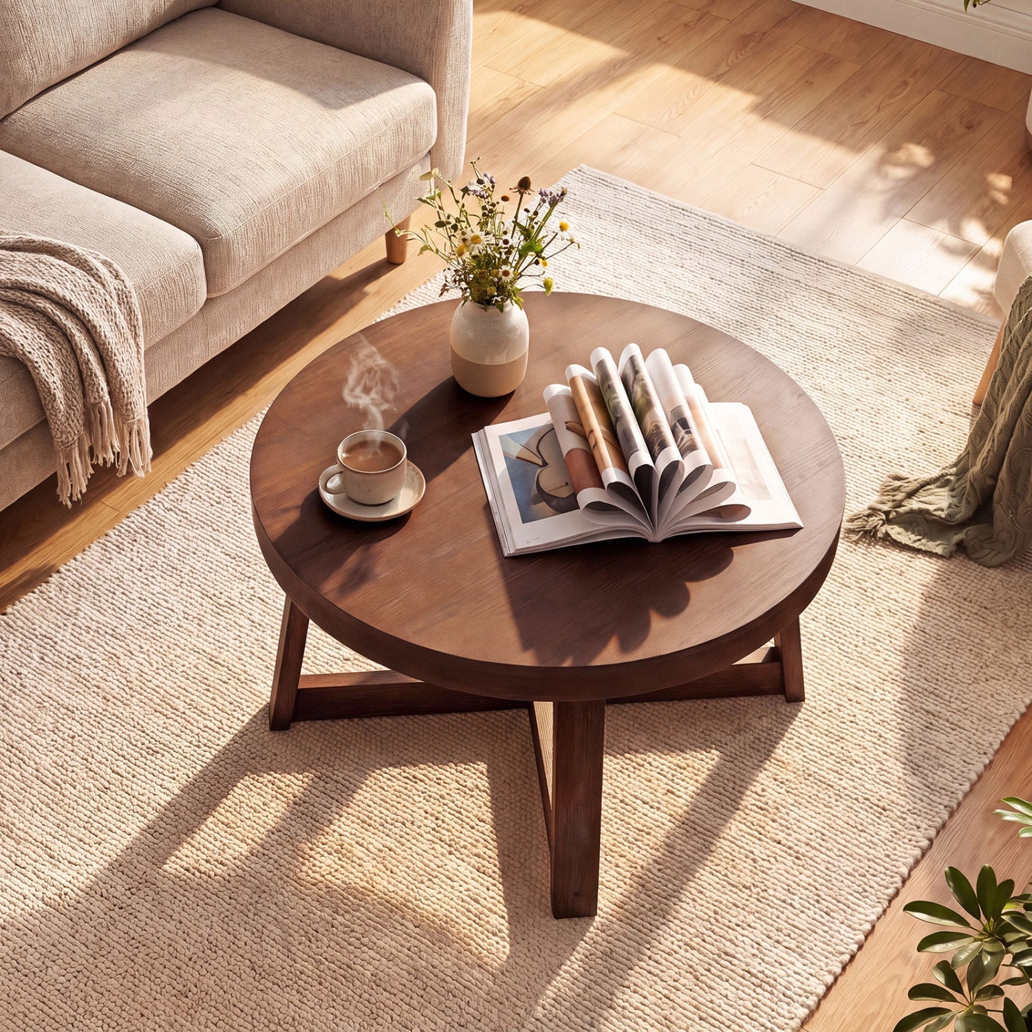 Round coffee table 30 inch with solid wood legs, DirectDeals, warm brown on Tampa Home & Garden Store