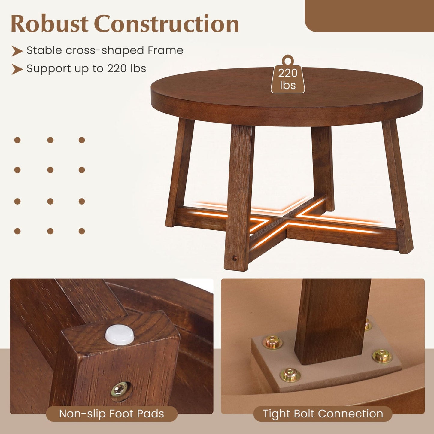 Round coffee table 30 inch with solid wood legs in brown DirectDeals cross-legged base on Tampa Home & Garden Store