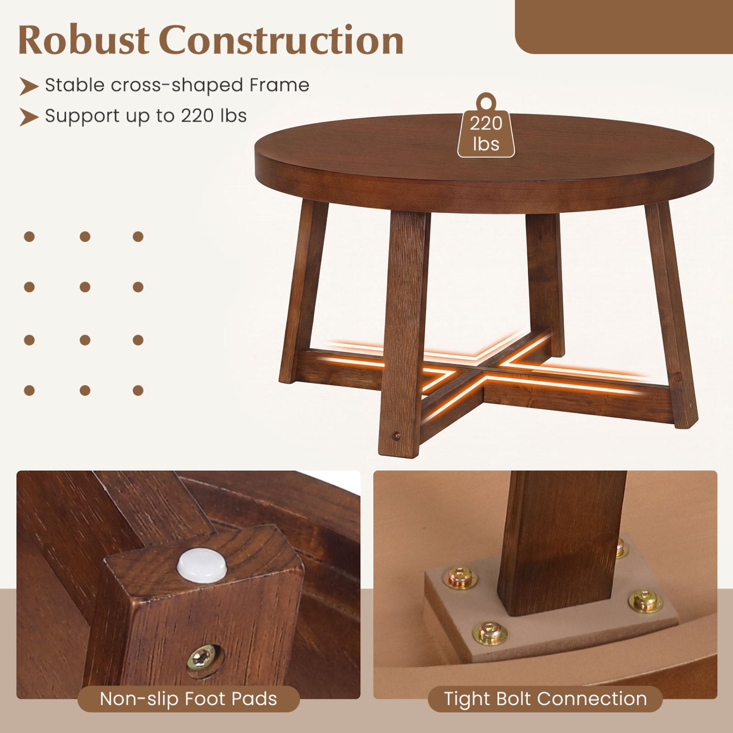 Round coffee table 30 inch with solid wood legs in brown DirectDeals cross-legged base on Tampa Home & Garden Store