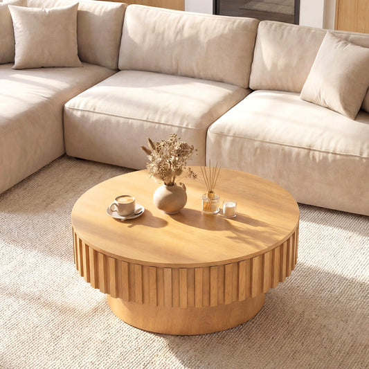 Round Coffee Table with Storage Modern Wooden Drum Coffee Table with Hidden Compartment - Tampa Home & Garden Store
