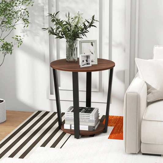 Round walnut end table with open shelf and black metal frame DirectDeals on Tampa Home & Garden Store