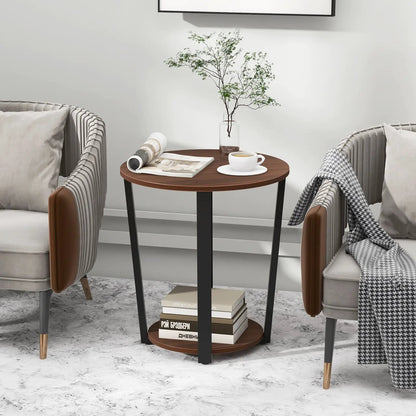 Round End Table Open Shelf Metal Frame Walnut