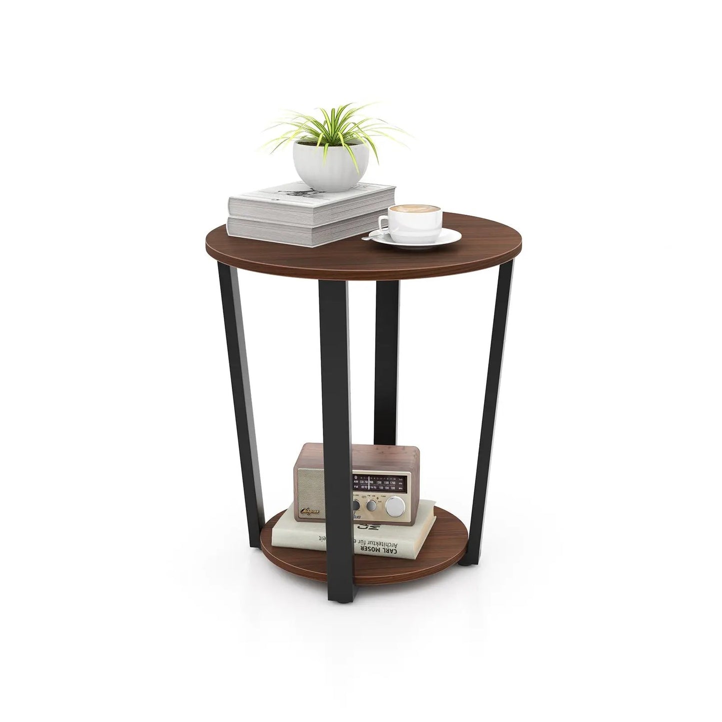 Round End Table Open Shelf Metal Frame Walnut