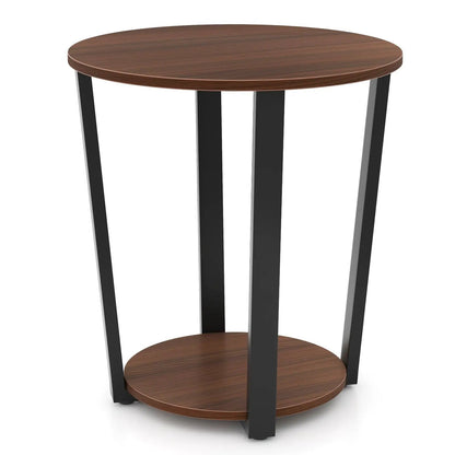 Round End Table Open Shelf Metal Frame Walnut