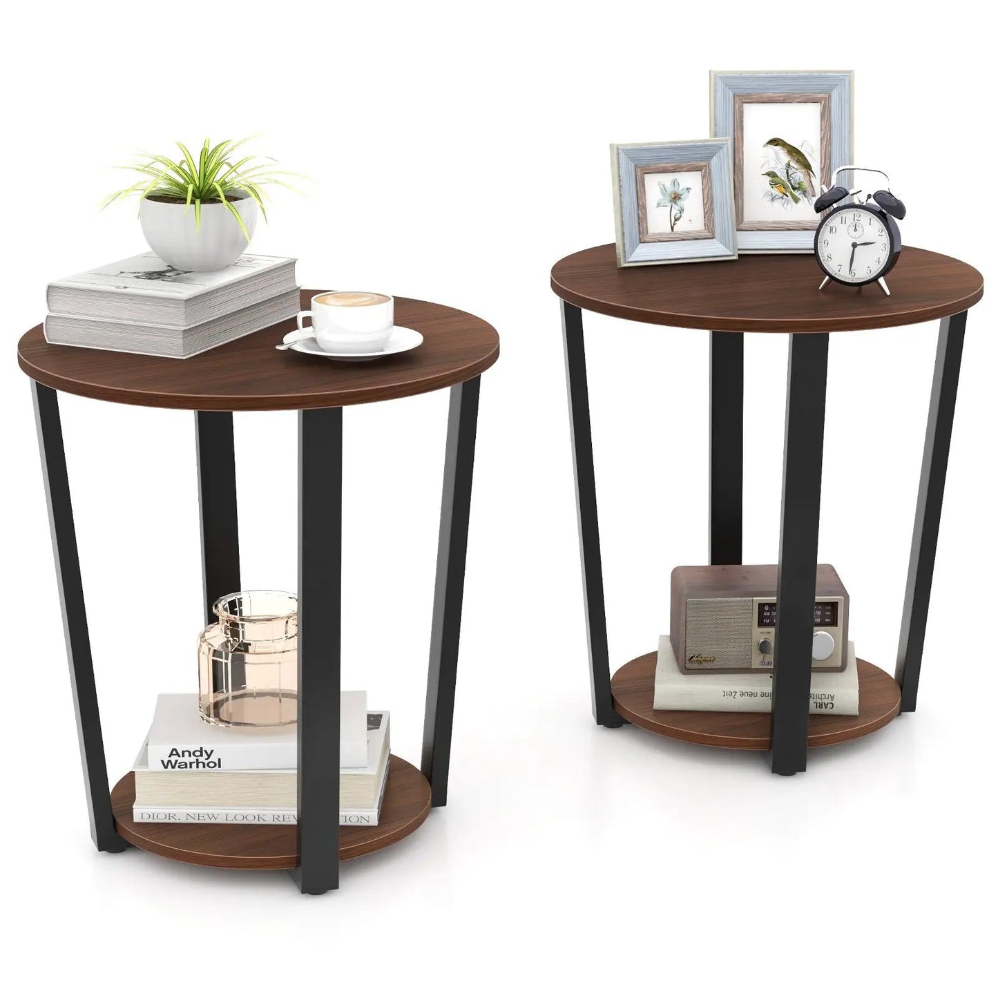Round End Table Open Shelf Metal Frame Walnut