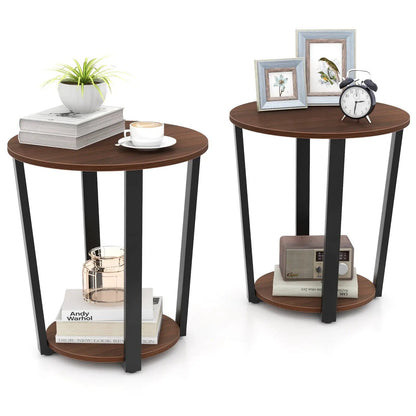 Round End Table Open Shelf Metal Frame Walnut
