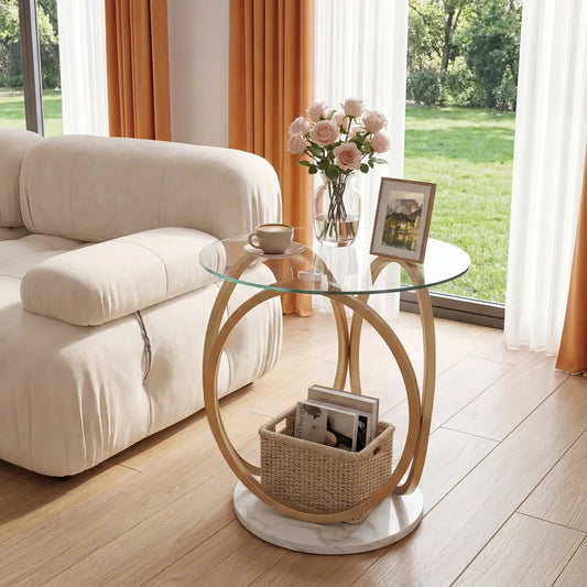 Round end table with tempered glass top and gold curved frame over faux marble base on Tampa Home & Garden Store