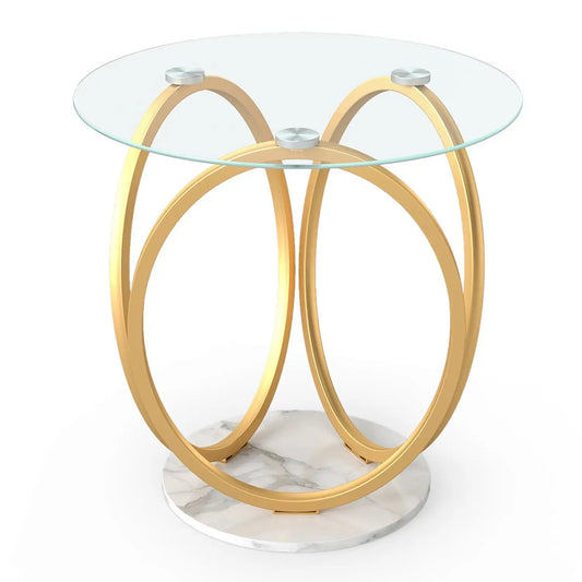 Round end table DirectDeals with tempered glass top and gold ring frame on faux marble base on Tampa Home & Garden Store