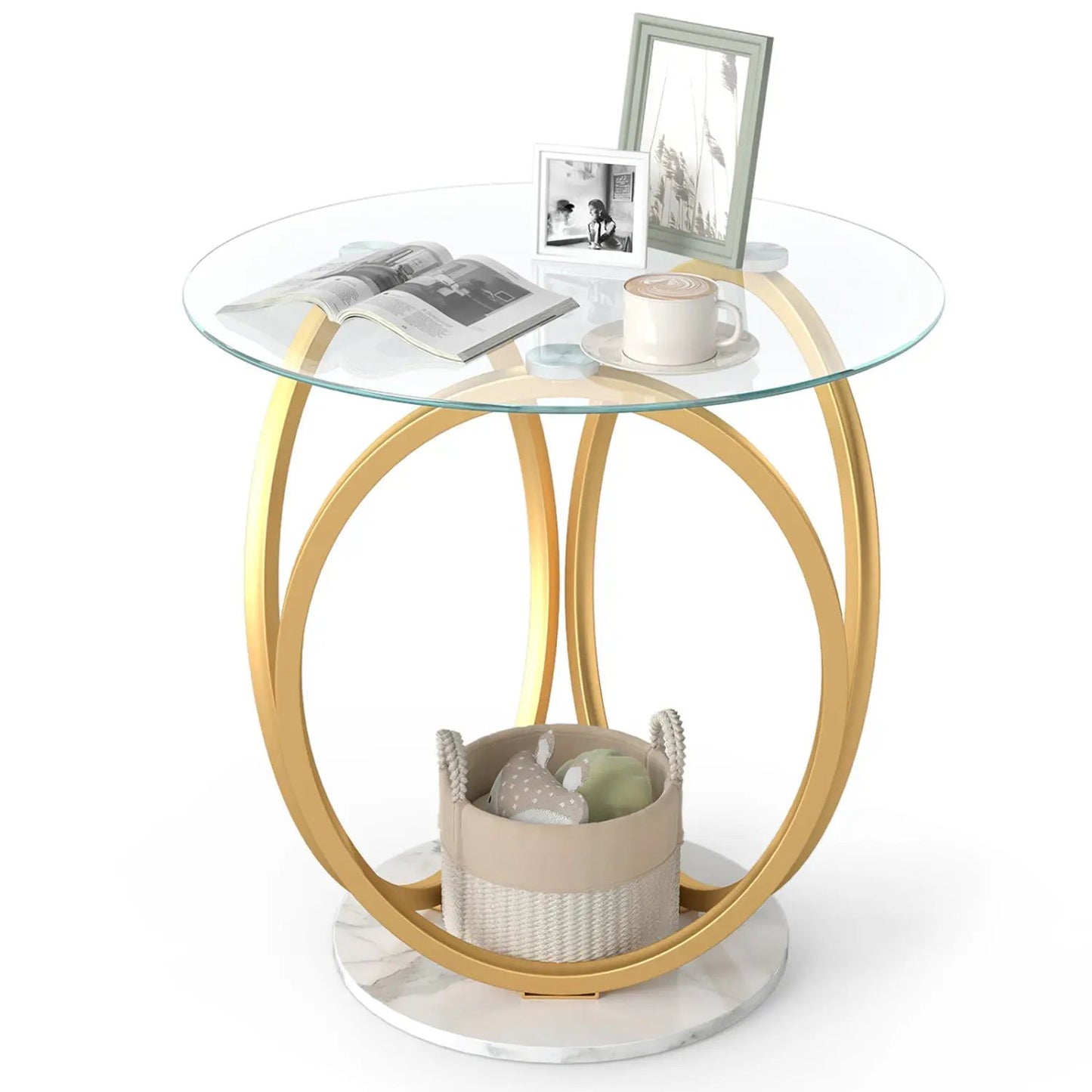 Round End Table with Faux Marble Top and Glass