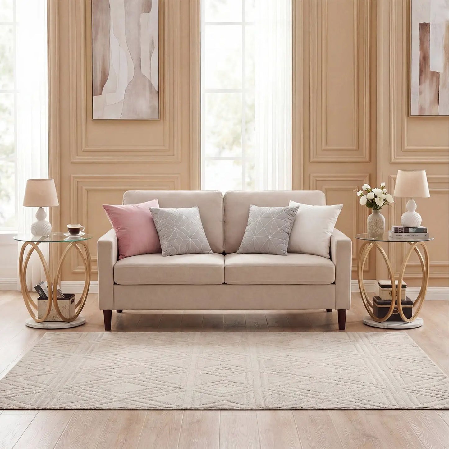 Round End Table with Faux Marble Top and Glass